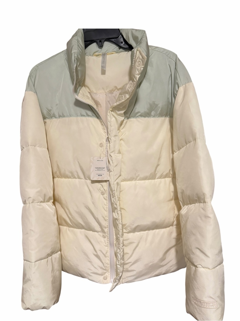 Fabletics Two-Tone Cropped Puffer Jacket in Bone & Faded Mint. NEW With tags